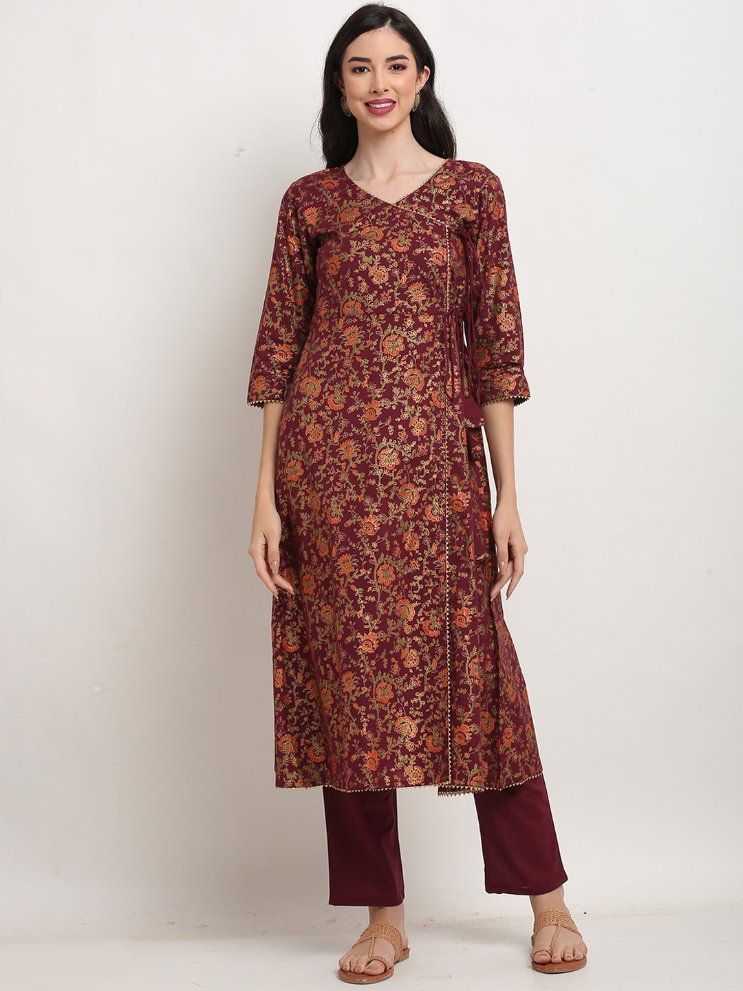 

Roly Poly Floral Printed Angrakha Gotta Patti Pure Cotton Kurta With Trousers & Dupatta, Burgundy