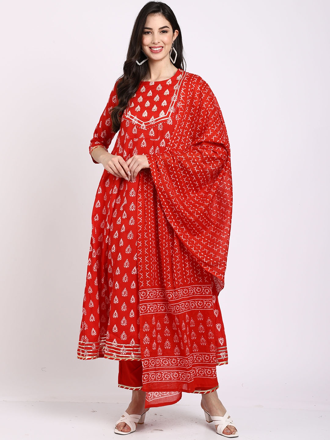 

Roly Poly Ethnic Motifs Printed Gotta Patti Pure Cotton Kurta & Trousers With Dupatta, Red