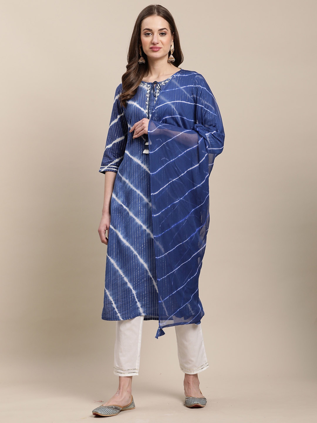 

Roly Poly Striped Thread Work Pure Cotton Kurta & Trousers With Dupatta, Blue