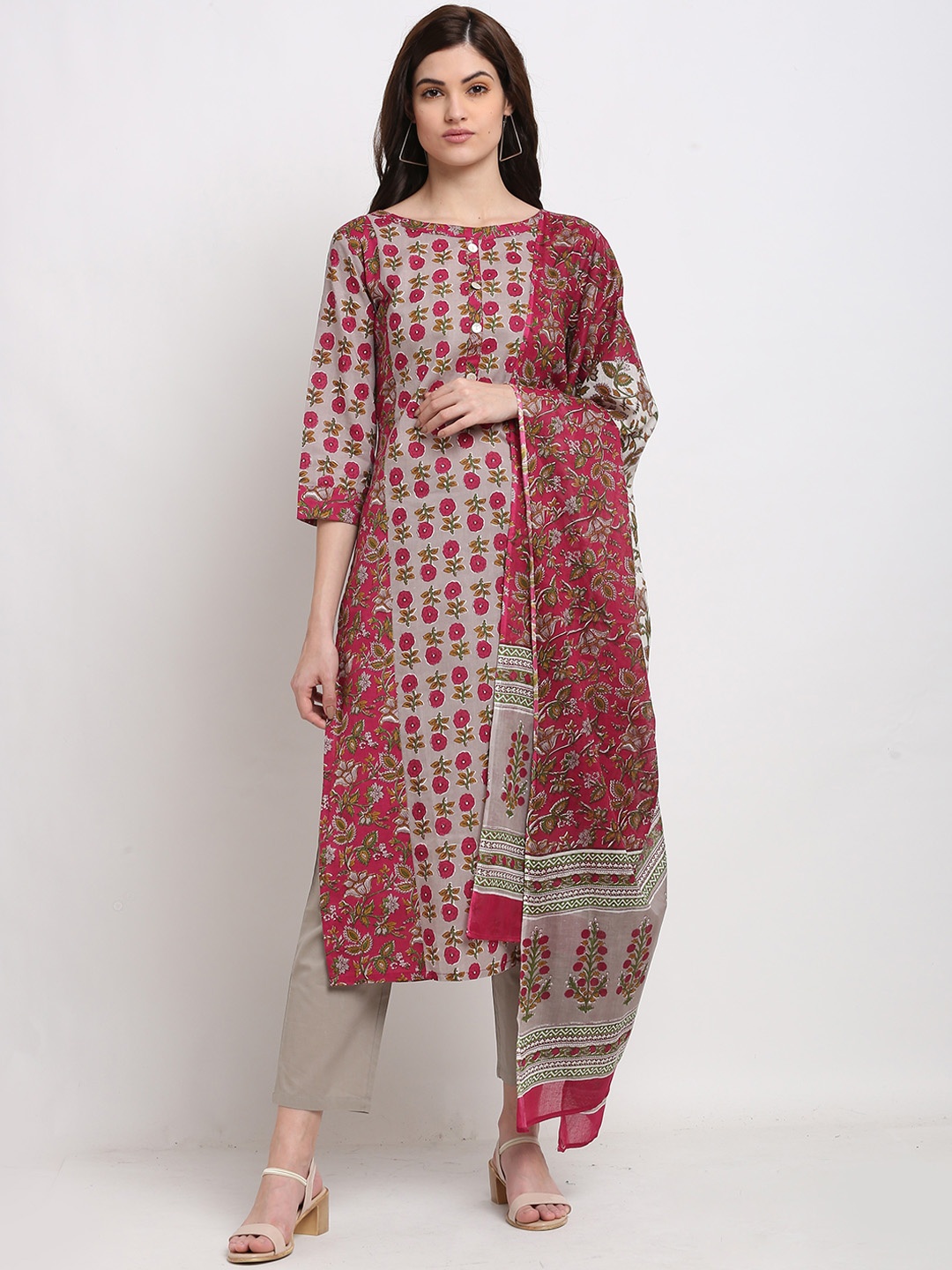 

Roly Poly Floral Printed Regular Pure Cotton Kurta With Trousers & Dupatta, Grey