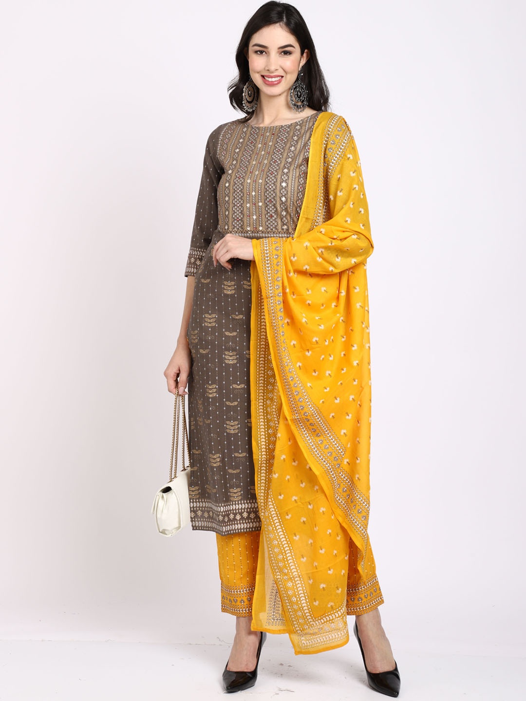 

Roly Poly Ethnic Motifs Printed Mirror Work Pure Cotton Kurta With Trousers & Dupatta, Grey
