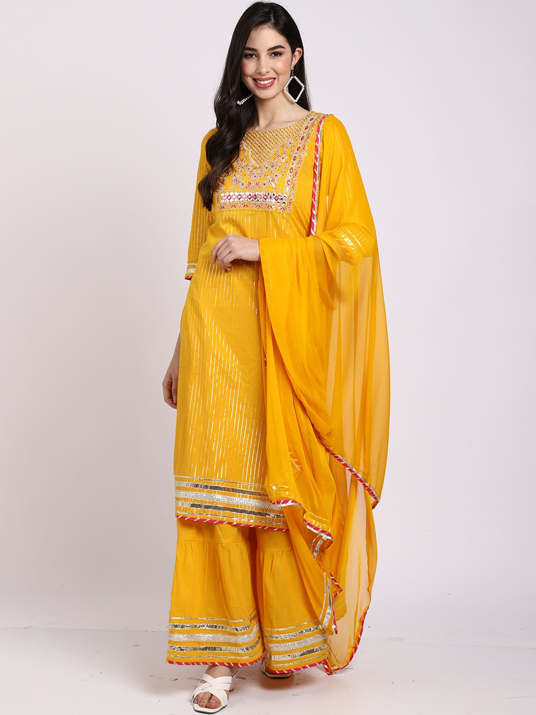 

Roly Poly Ethnic Embroidered Regular Thread Work Pure Cotton Kurta With Sharara & Dupatta, Yellow