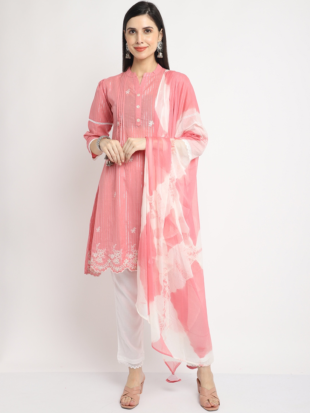 

Roly Poly Ethnic Motifs Embroidered Pure Cotton Kurta With Trousers & Dupatta, Peach