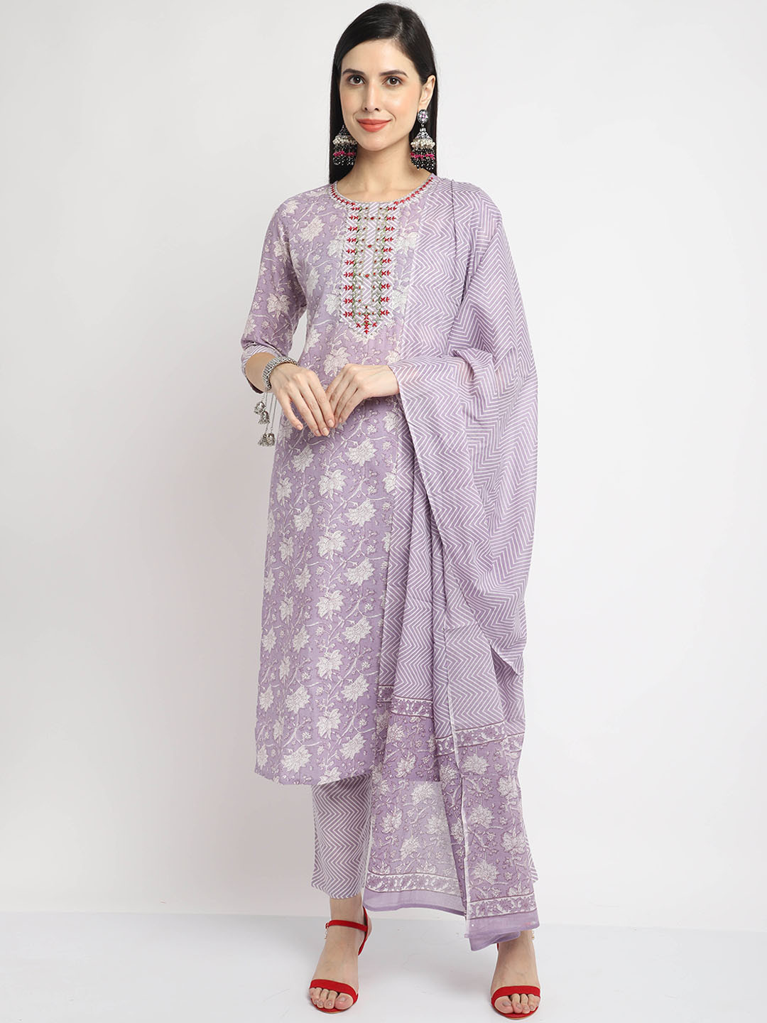

Roly Poly Ethnic Motifs Printed Thread Work Pure Cotton Kurta With Trousers & Dupatta, Purple