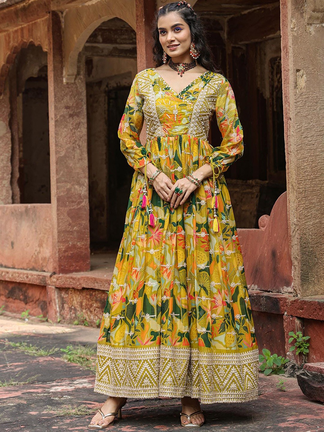 

SCAKHI Floral-Printed V-Neck Gathered Silk Gown Ethnic Dress, Lime green
