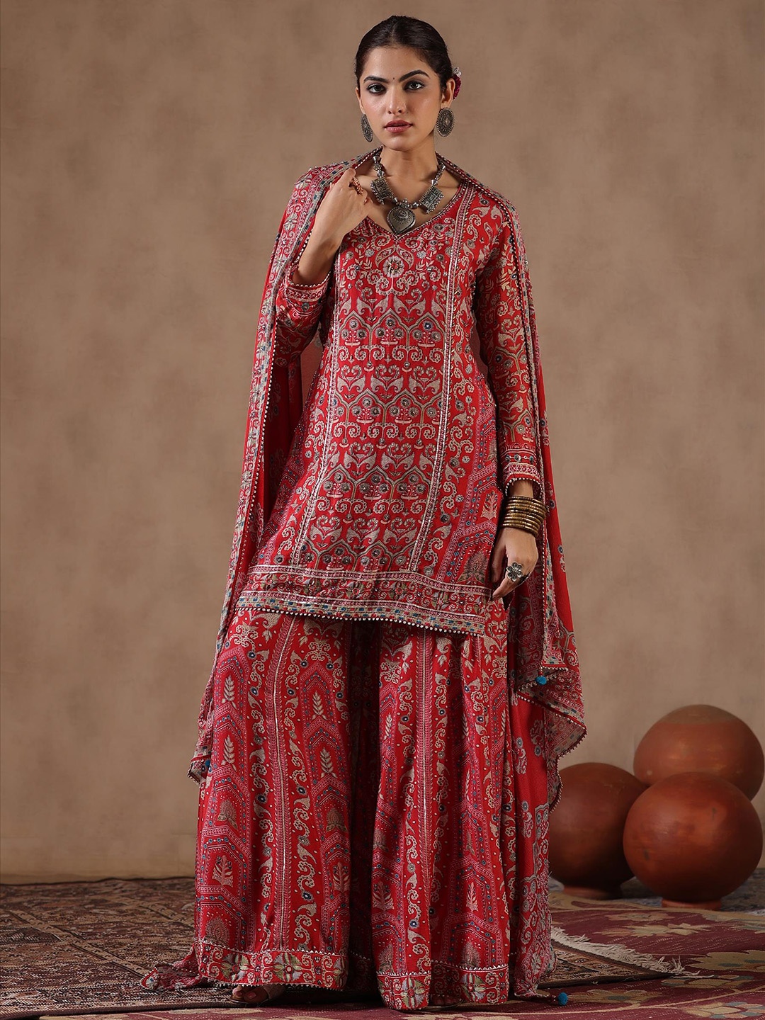 

SCAKHI Ethnic Motifs Printed Gotta Patti Straight Kurta With Sharara & Dupatta, Rust