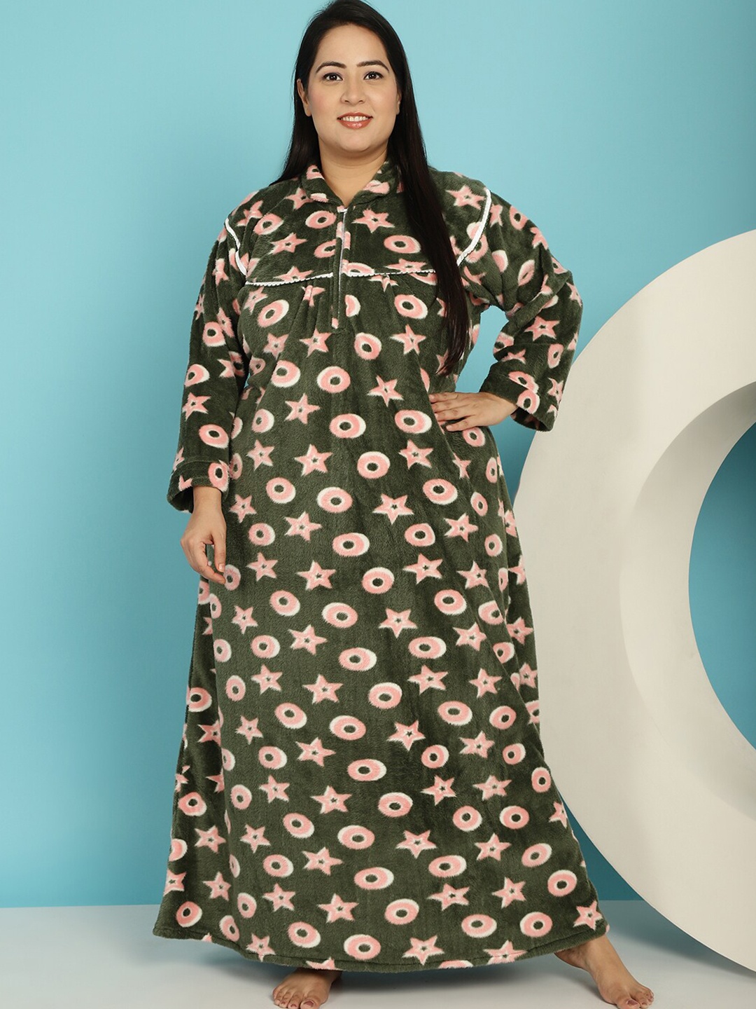 

Secret Wish Plus Size Geometric Printed Polo Collar Maxi Nightdress, Green