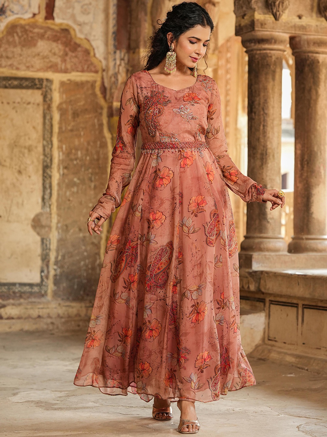 

SCAKHI Floral Printed Silk Gown Ethnic Dress, Brown