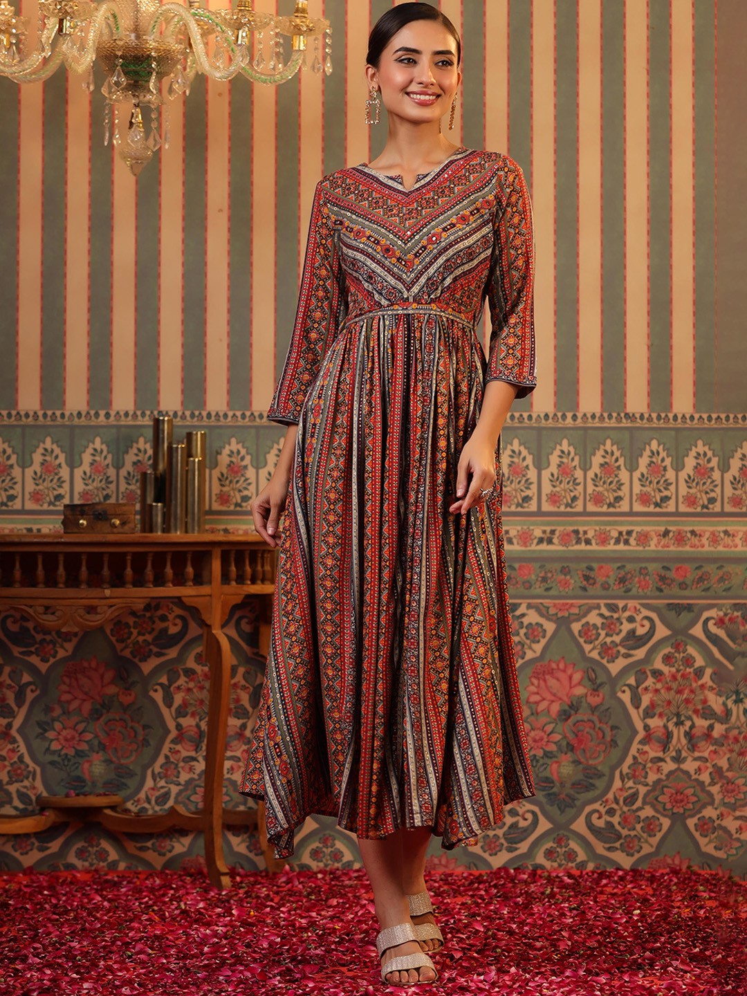 

SCAKHI Ethnic Motifs Printed Fit & Flared Ethnic Dresses, Red