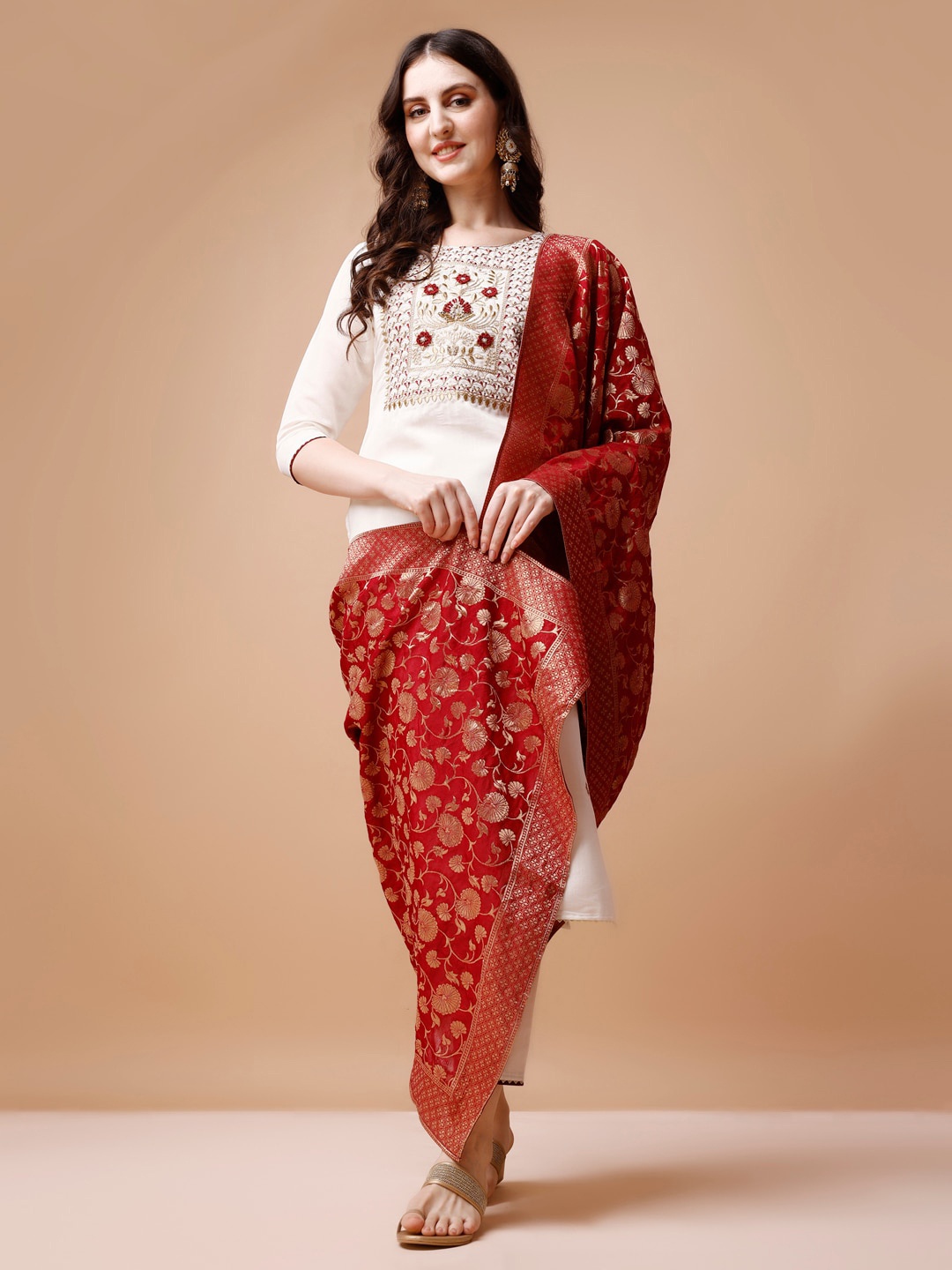 

Berrylicious Floral Yoke Design Thread Work Chanderi Silk Kurta Set, White