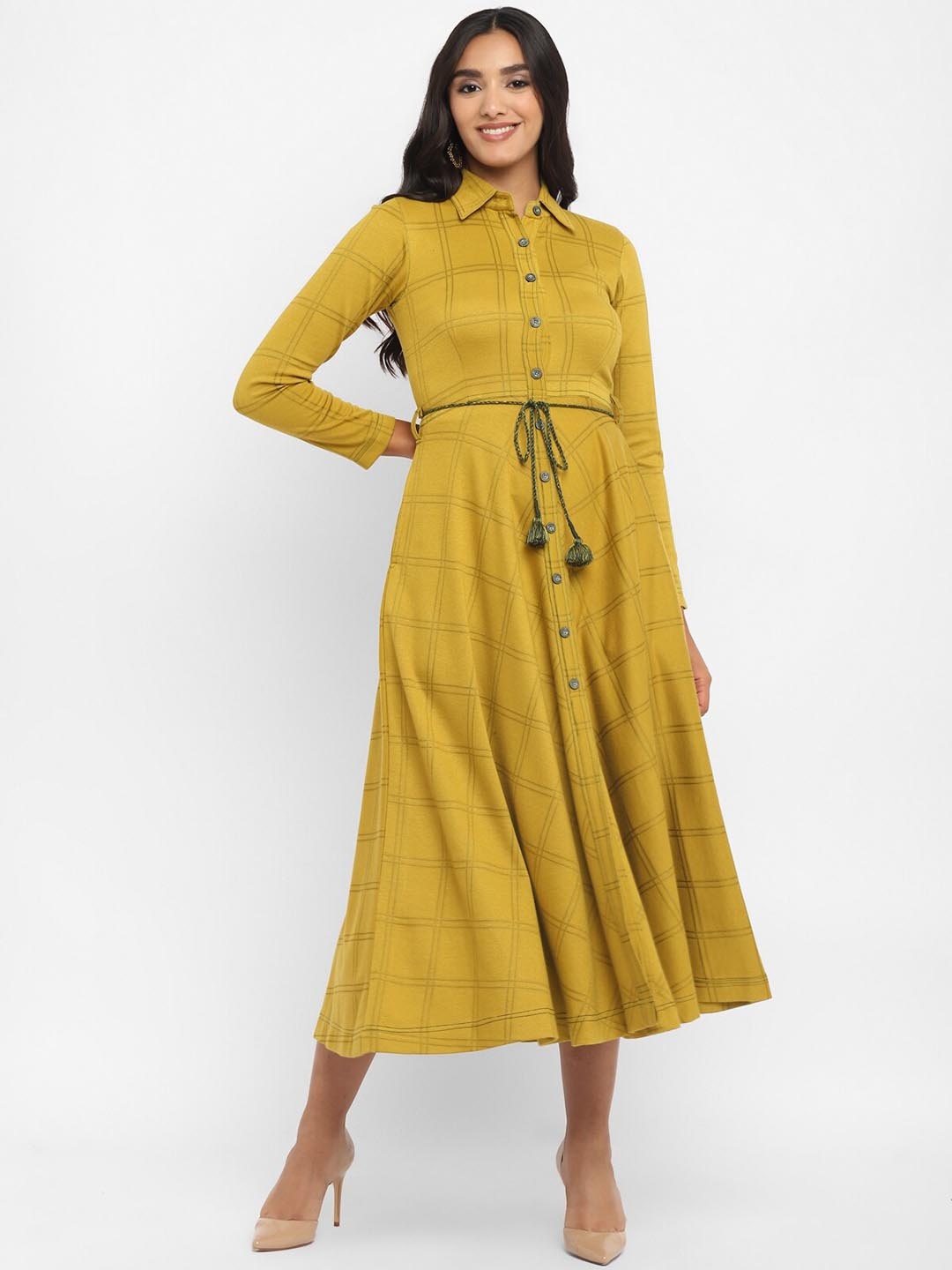 

STADO Checked Woollen A-Line Midi Dress, Mustard