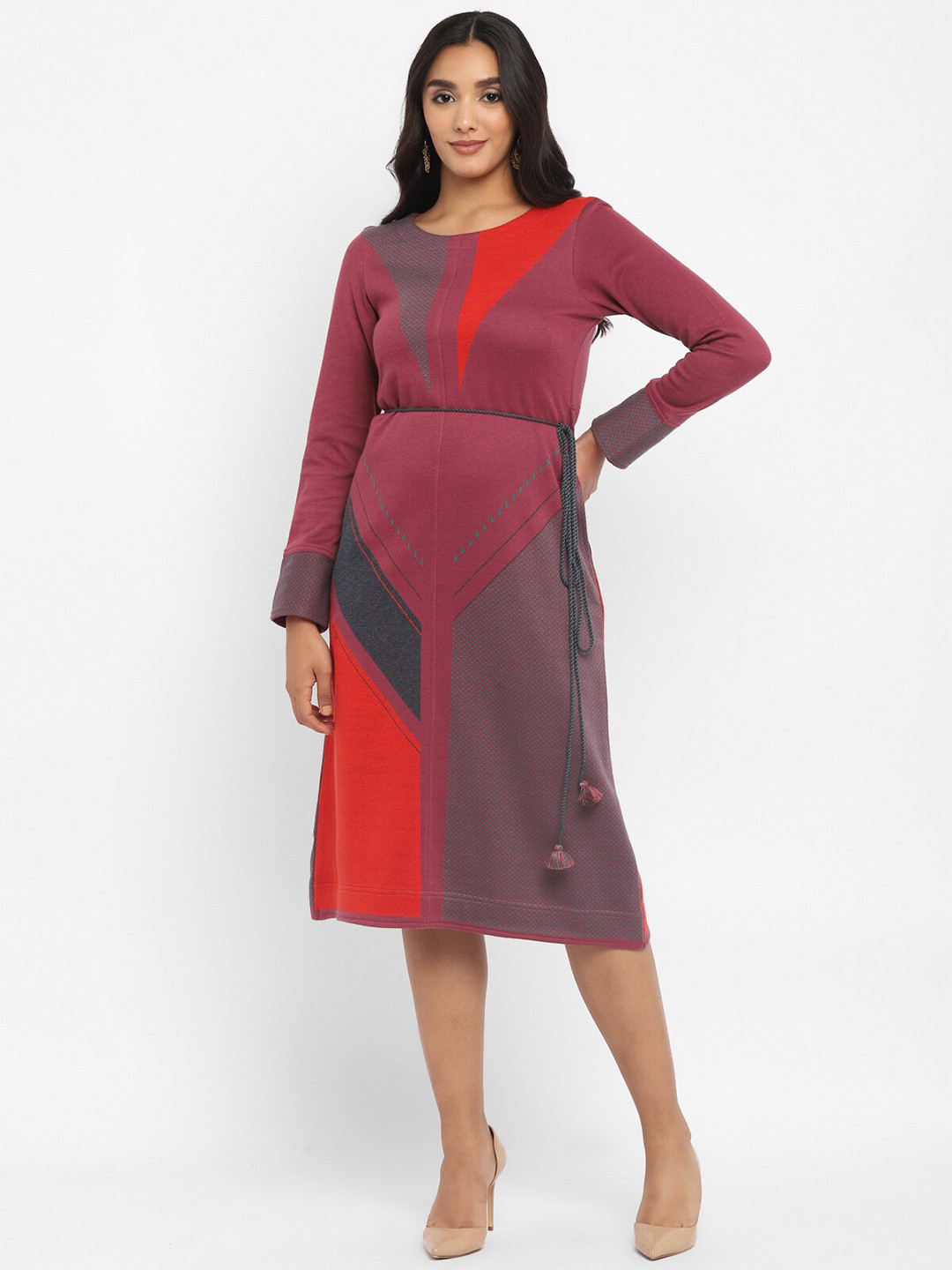 

STADO Woollen Colourblocked Midi Dress, Red