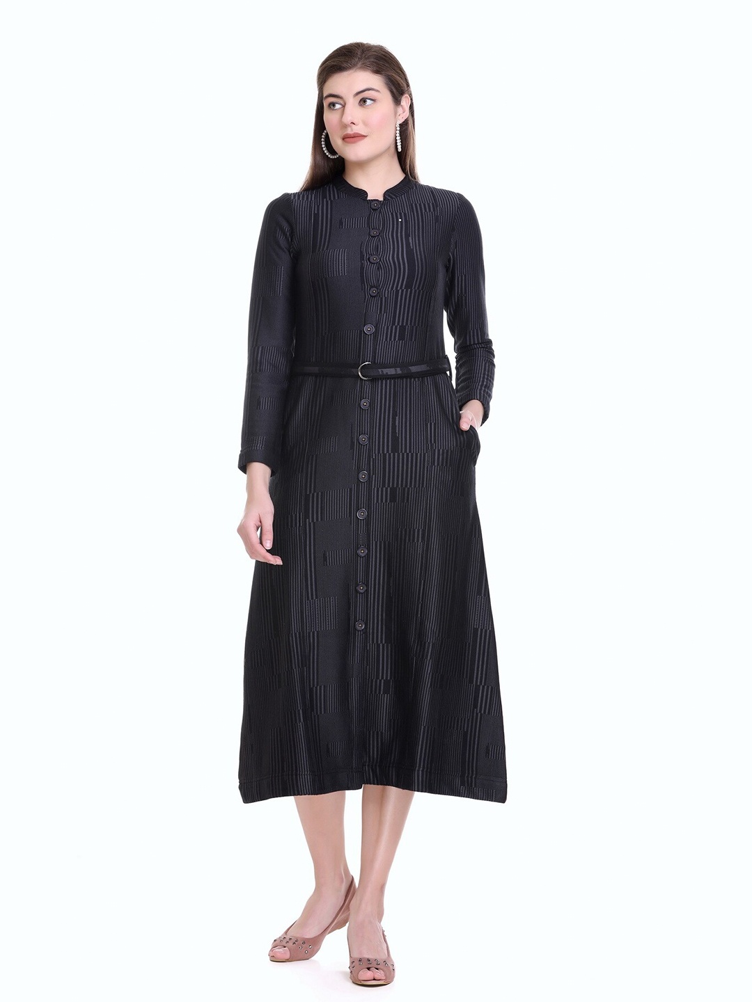

STADO Striped Woollen Mandarin Collar Midi Dress, Grey