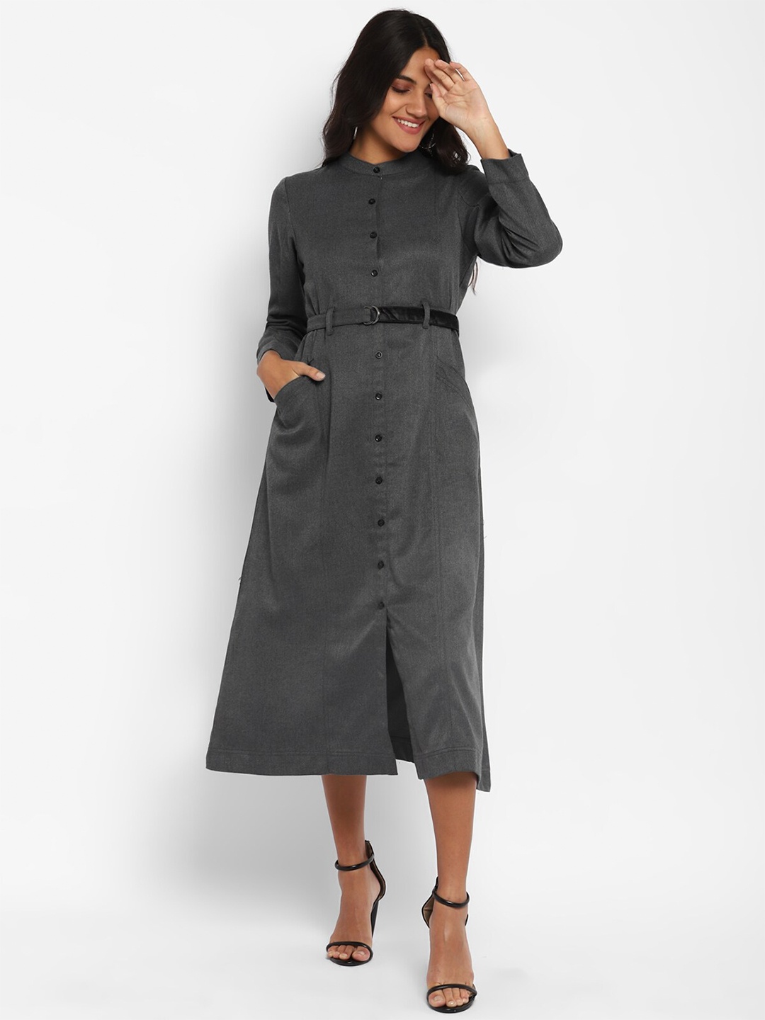 

STADO Mandarin Collar Woollen Velvet A-Line Dress, Grey