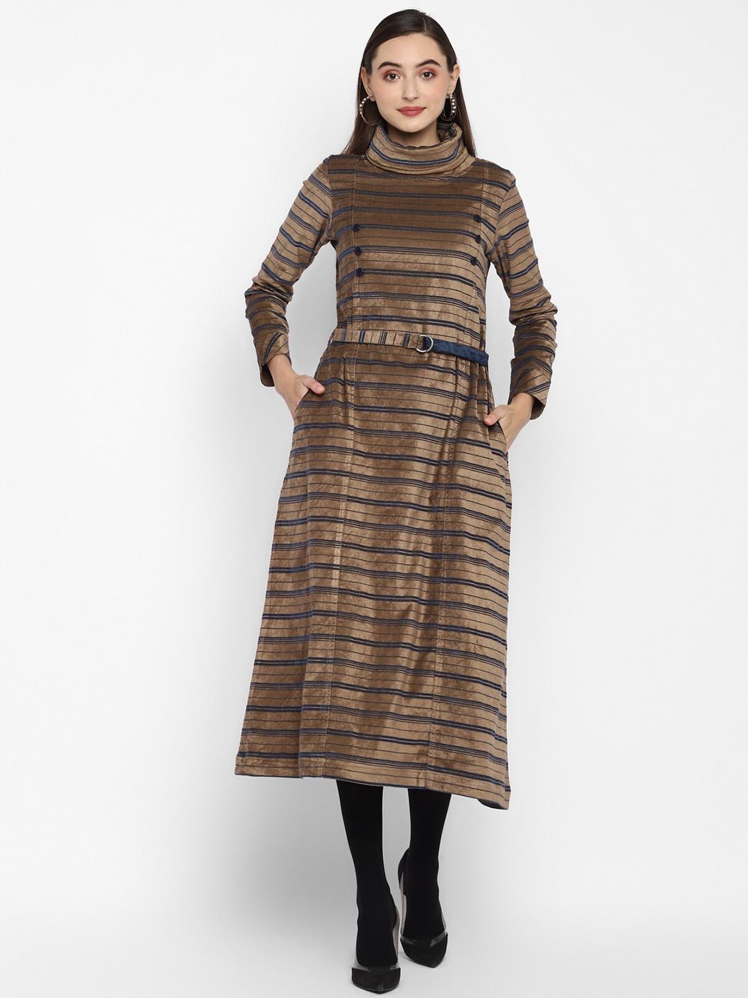 

STADO Striped Turtle Neck Woollen Velvet A-Line Midi Dress With Belted, Grey