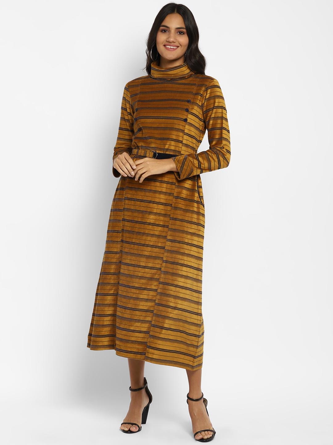 

STADO Striped Turtle Neck Woollen Velvet A-Line Midi With Belted, Mustard