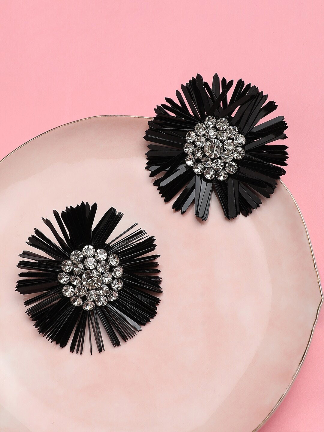 

Sangria Black Silver Plated Artificial Stones-Studded Stud Earrings