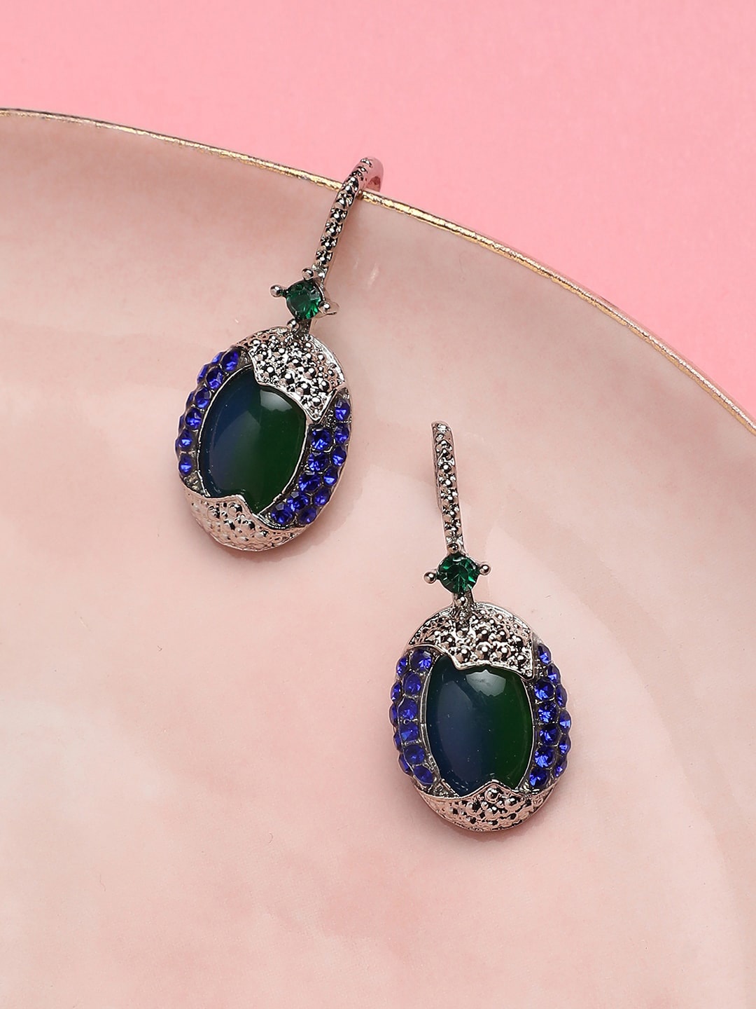 

Sangria Silver-Toned & Green Silver-Plated Stone-Studded Classic Drop Earrings