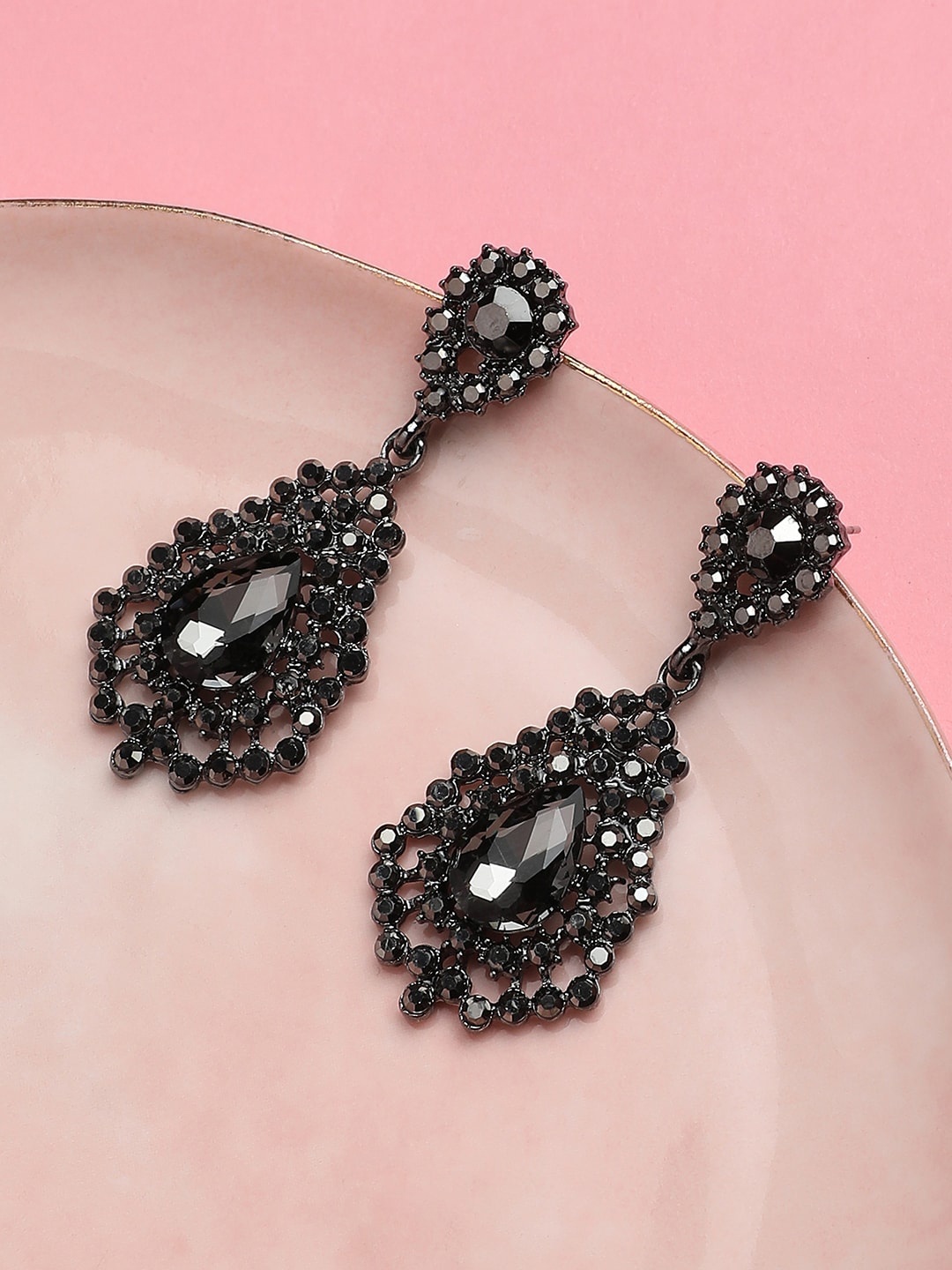 

Sangria Silver-Toned & Black Silver-Plated Stone-Studded Drop Earrings