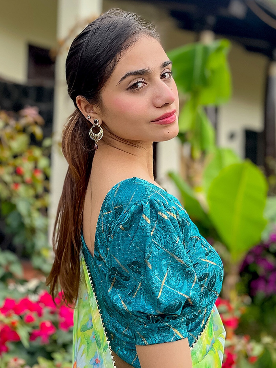 

Bindigasm's Advi Floral Woven Design Puff Sleeves Jacquard Stretchable Saree Blouse, Green