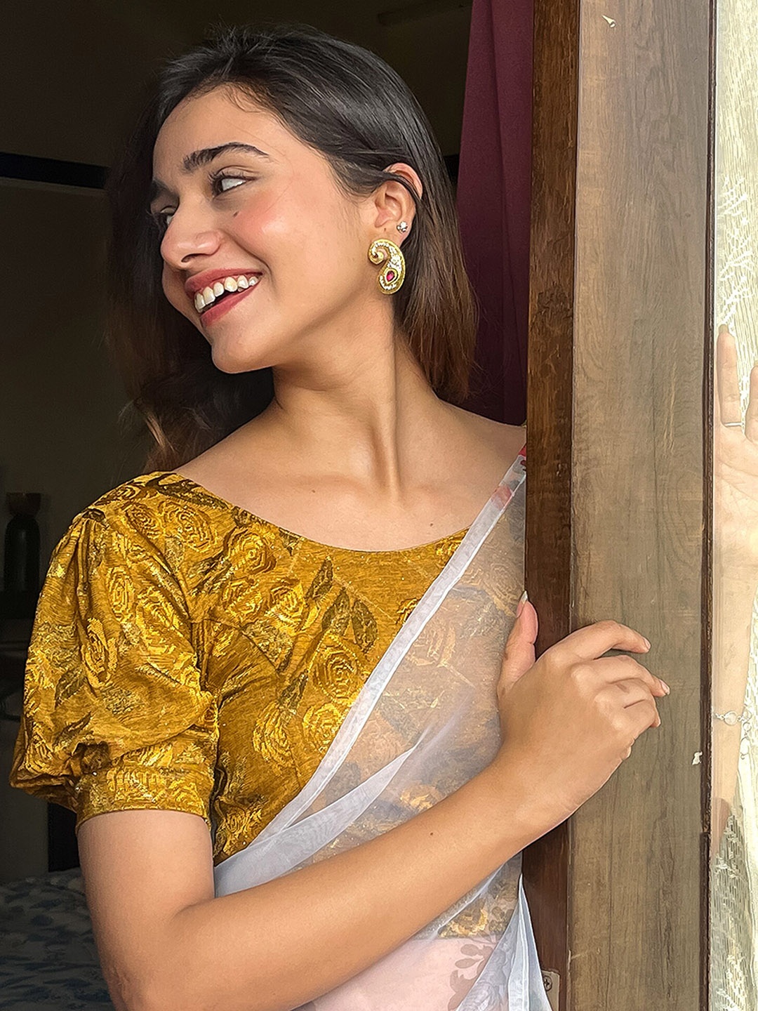 

Bindigasm's Advi Embellished Jacquard Saree Blouse, Mustard