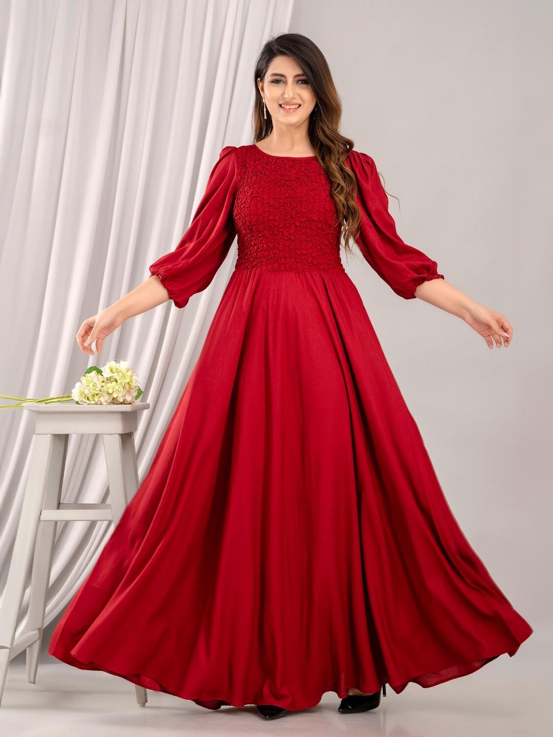 

FrionKandy Puff Sleeves Smocked Detail Fit & Flare Maxi Dress, Maroon