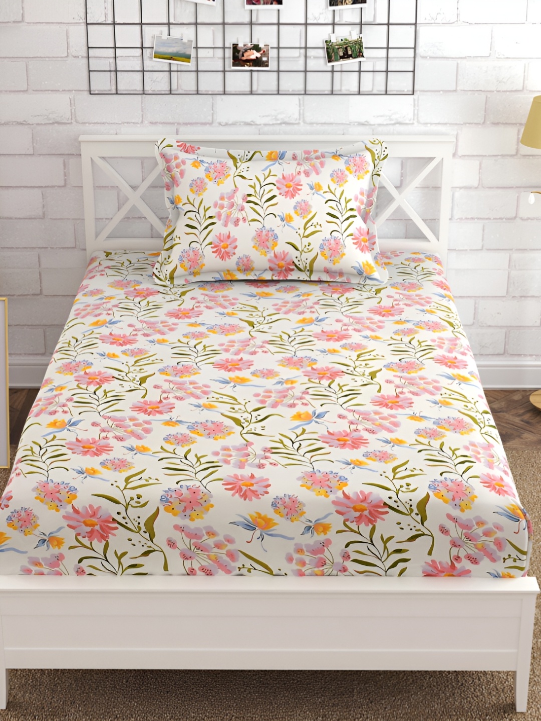 

Furnistitchs White & Pink Floral 300 TC Fitted Single Bedsheet with 2 Pillow Covers