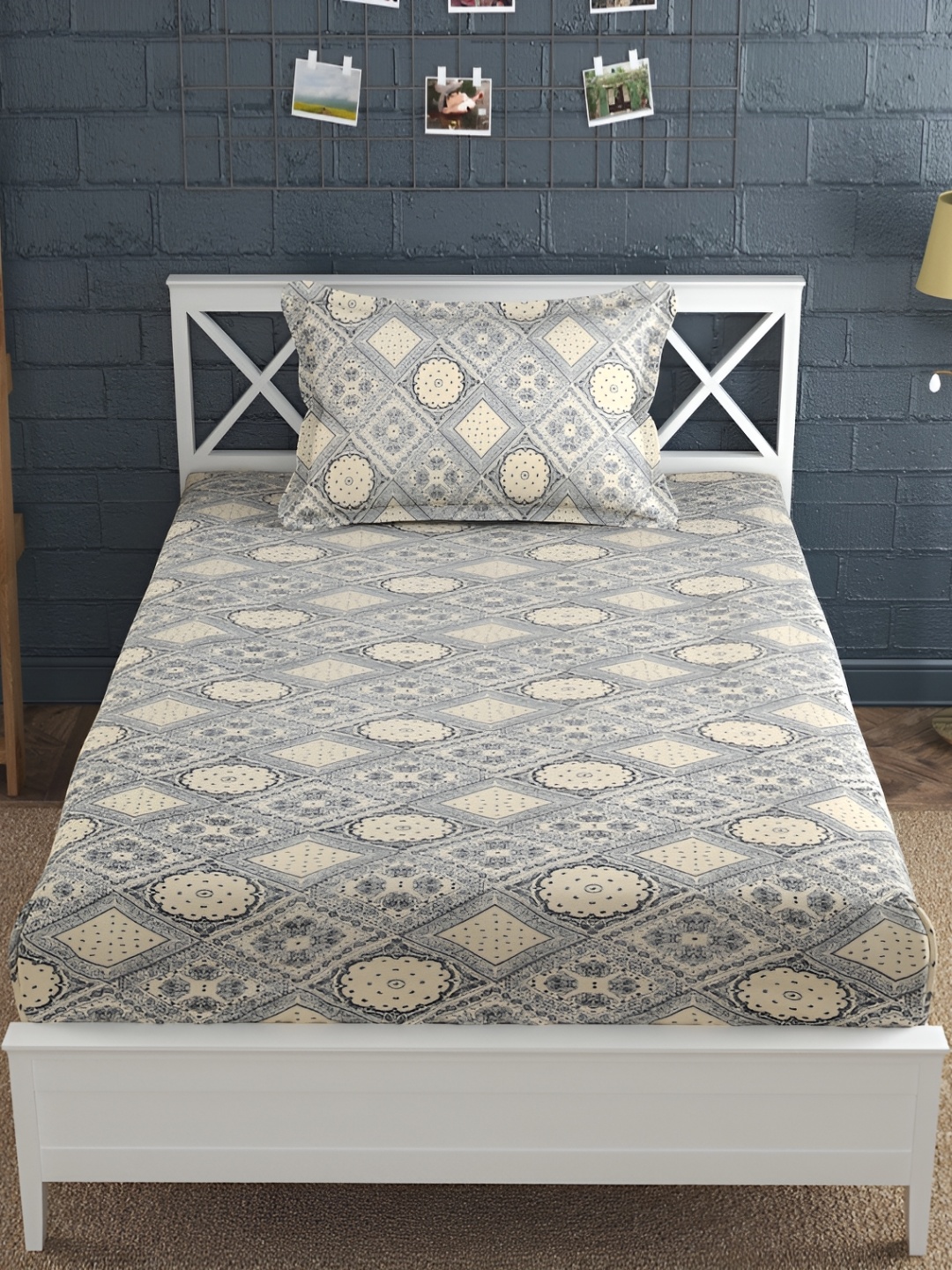 

Furnistitchs Grey & Brown Floral 300 TC Fitted Single Bedsheet with 2 Pillow Covers