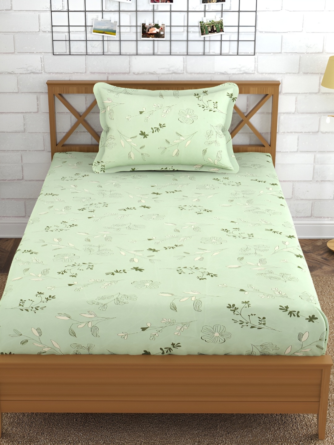 

Furnistitchs Green Floral 300 TC Fitted Single Bedsheet with 2 Pillow Covers