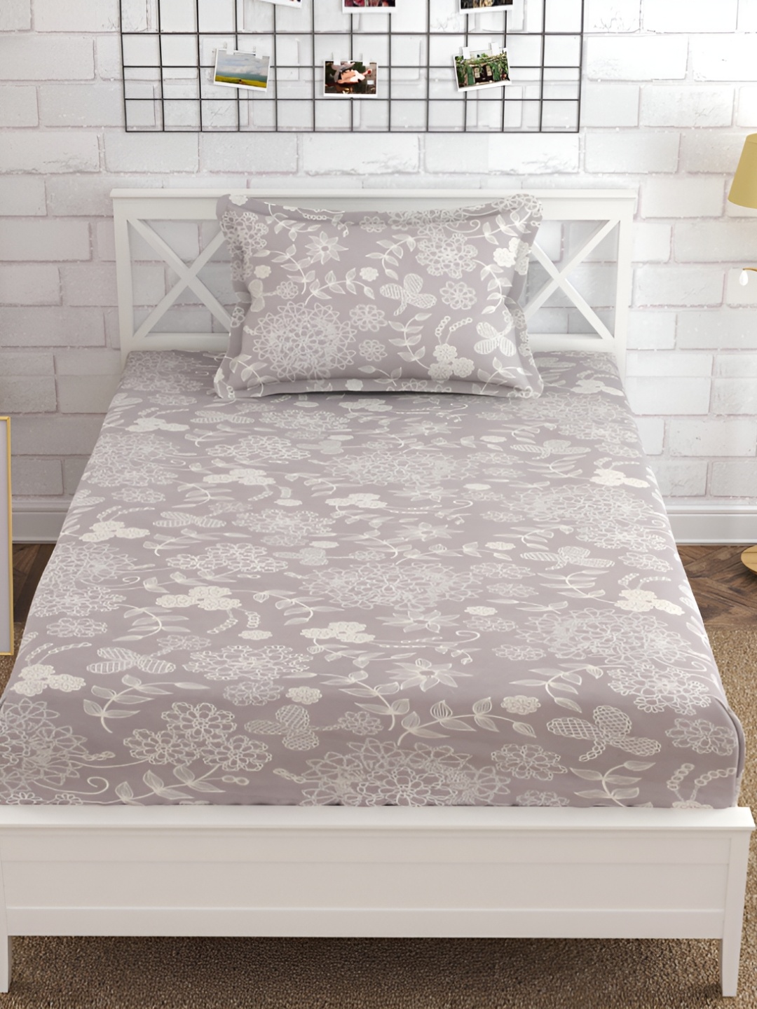 

Furnistitchs Grey & White Floral 300 TC Fitted Single Bedsheet with 2 Pillow Covers