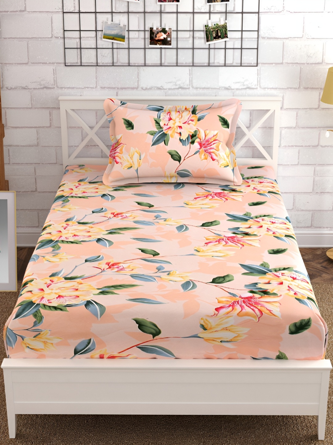 

Furnistitchs Peach & Green Floral 300 TC Fitted Single Bedsheet with 2 Pillow Covers
