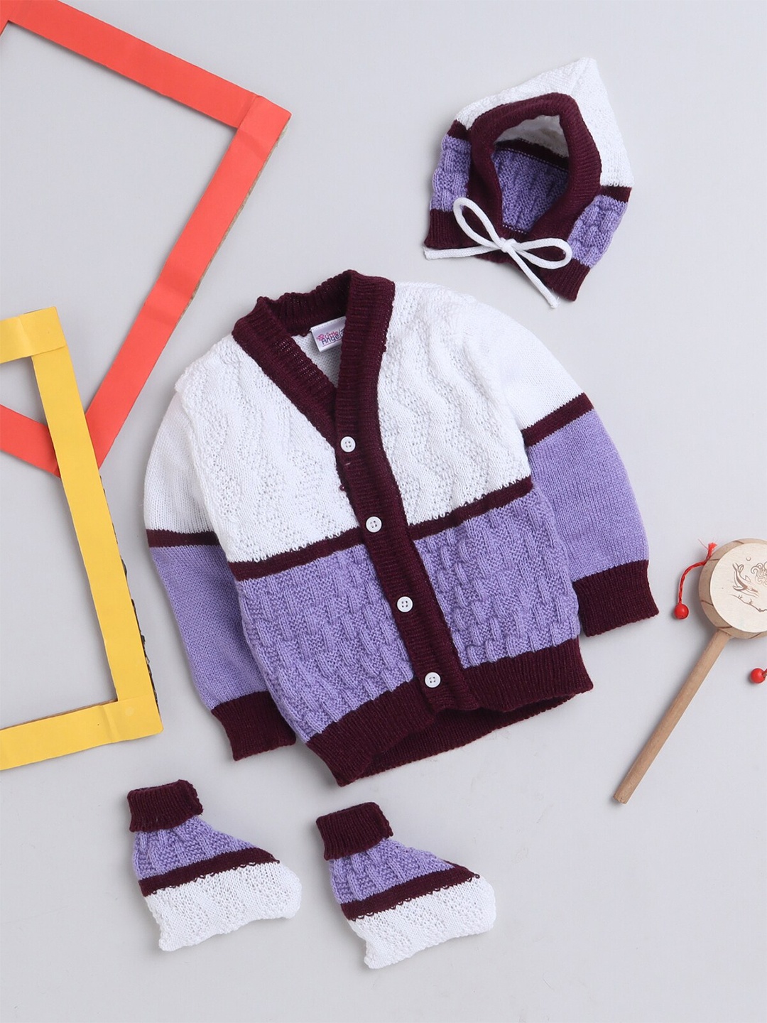 

Little Angels Infants Colourblocked Acrylic Cardigan With Beanie & Socks, Purple