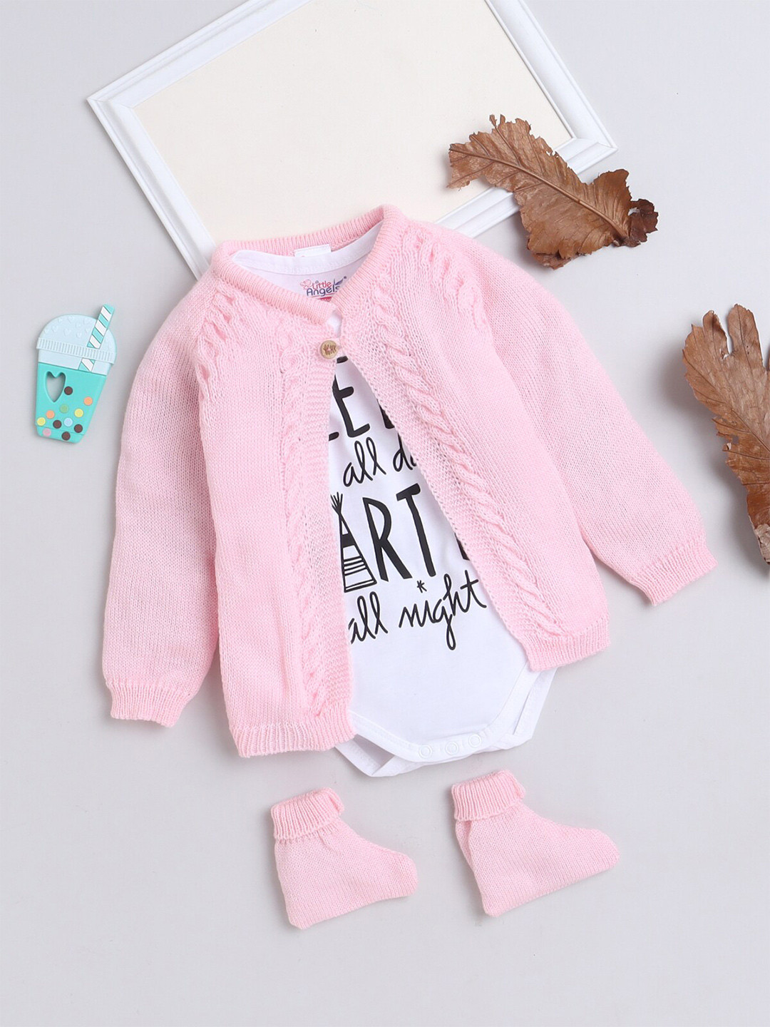 

Little Angels Infants Cable Knit Acrylic Cardigan With Socks & Bodysuit, Pink