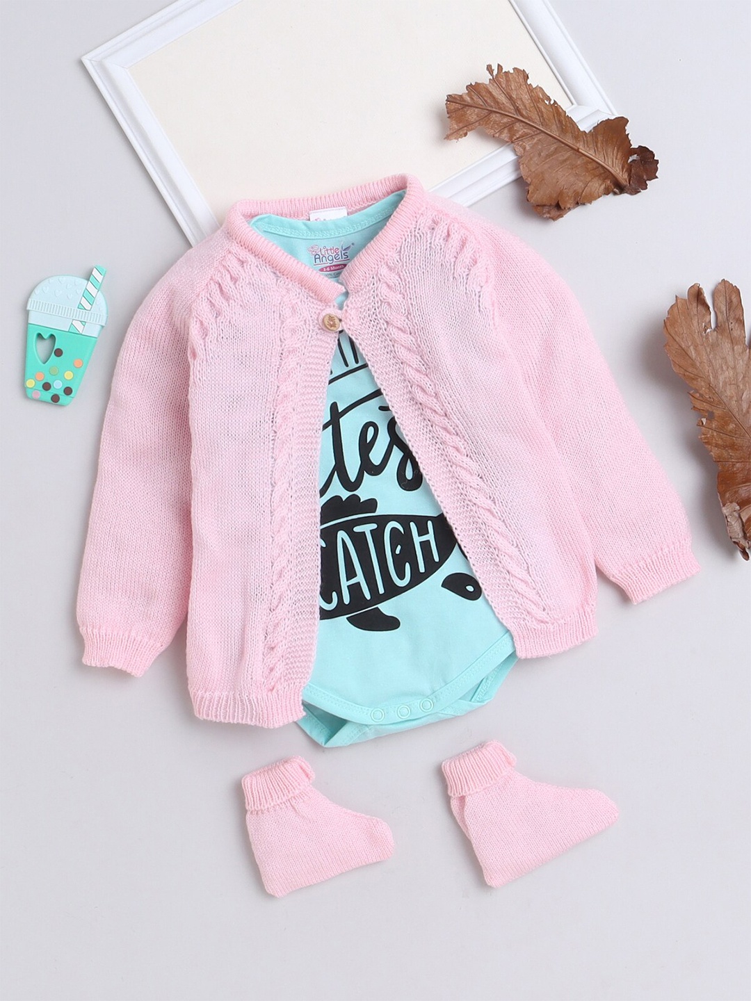 

Little Angels Infants Cable Knit Acrylic Cardigan With Socks & Bodysuit, Pink
