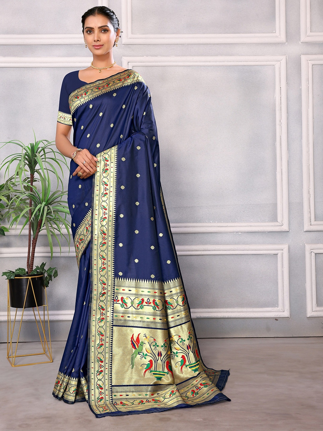 

DIVASTRI Floral Woven Design Zari Designer Paithani Saree, Navy blue
