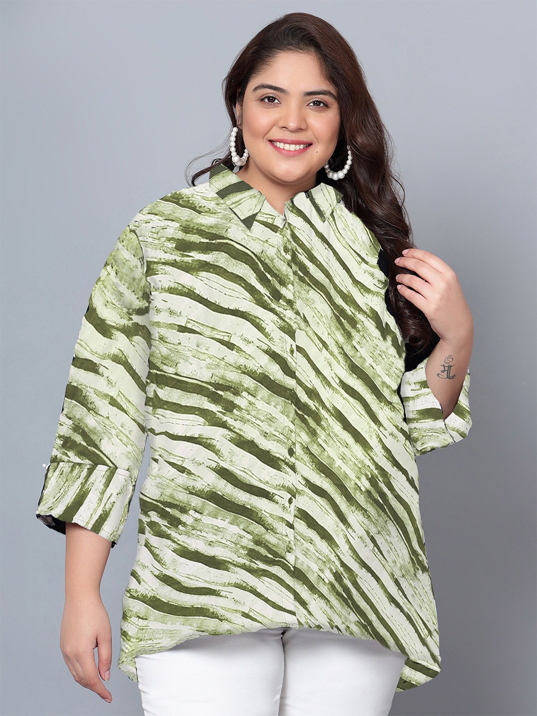 

Indietoga Plus Size Abstract Printed Classic Longline Casual Shirt, Green
