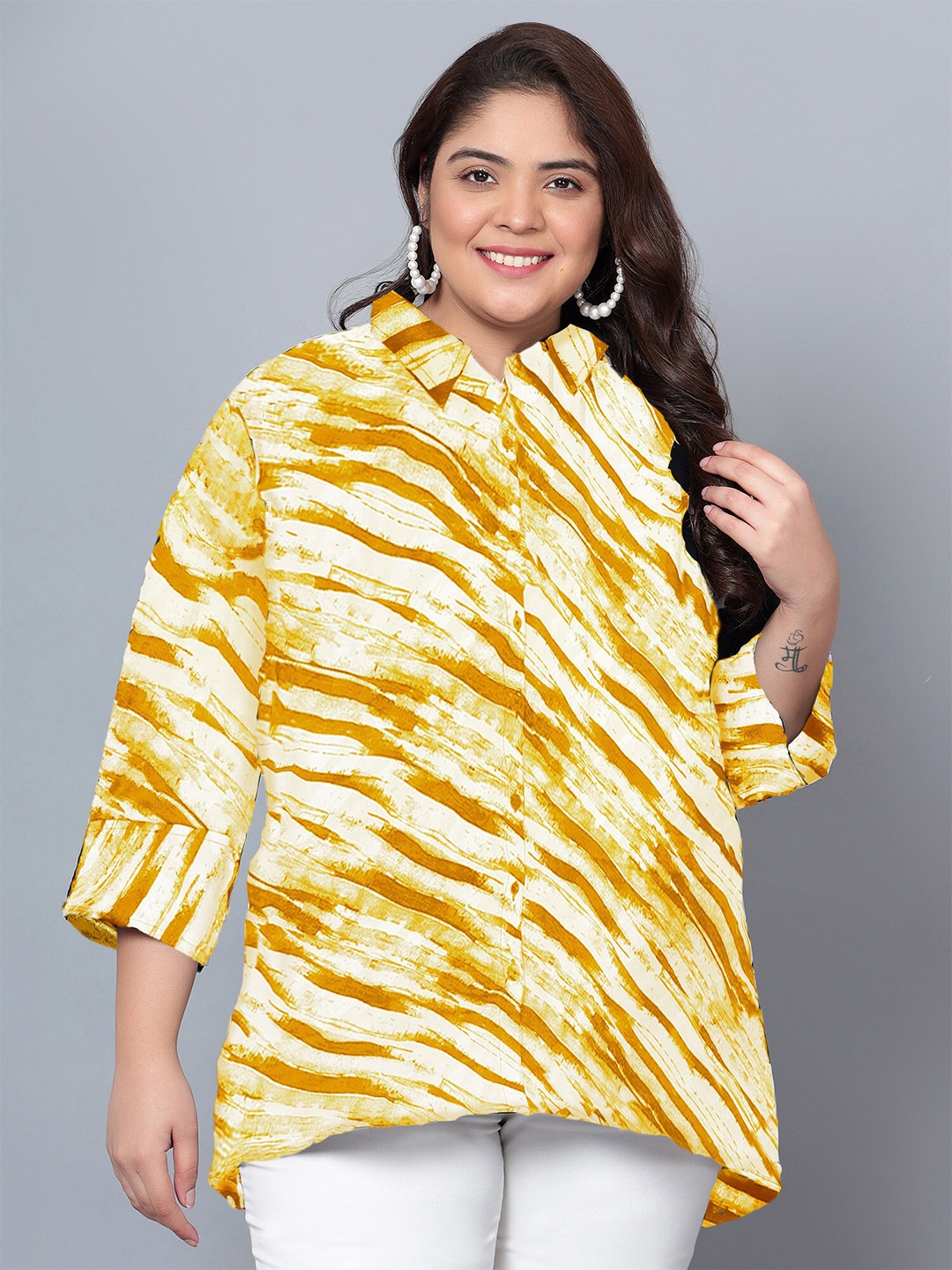 

Indietoga Plus Size Abstract Printed Classic Longline Casual Shirt, Yellow