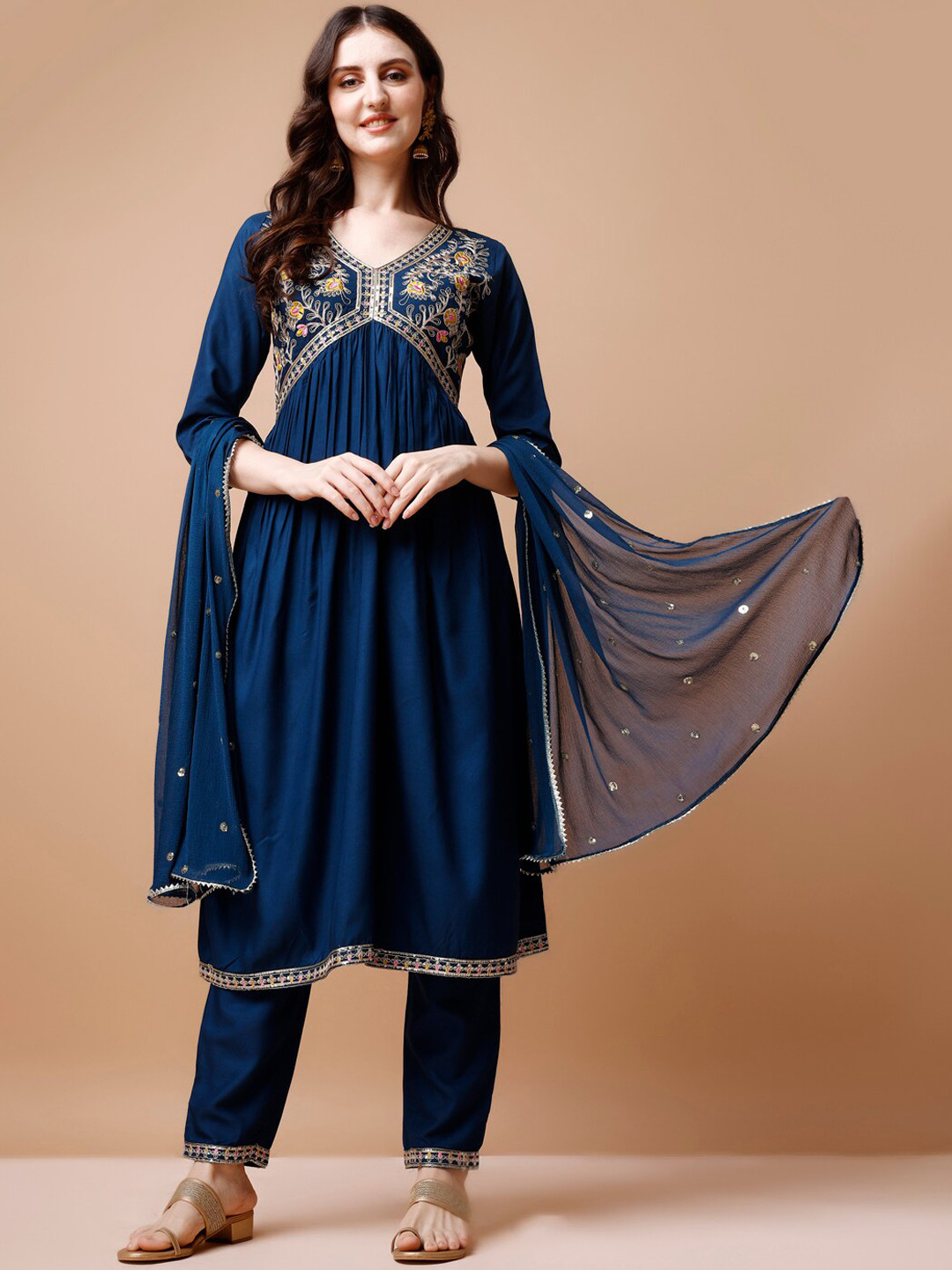 

KALINI Ethnic Motifs Embroidered Sequinned Empire A-Line Kurta With Trousers & Dupatta, Navy blue