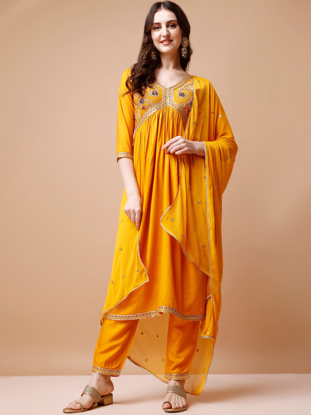 

KALINI Ethnic Motifs Embroidered Sequinned Empire A-Line Kurta With Trousers & Dupatta, Mustard