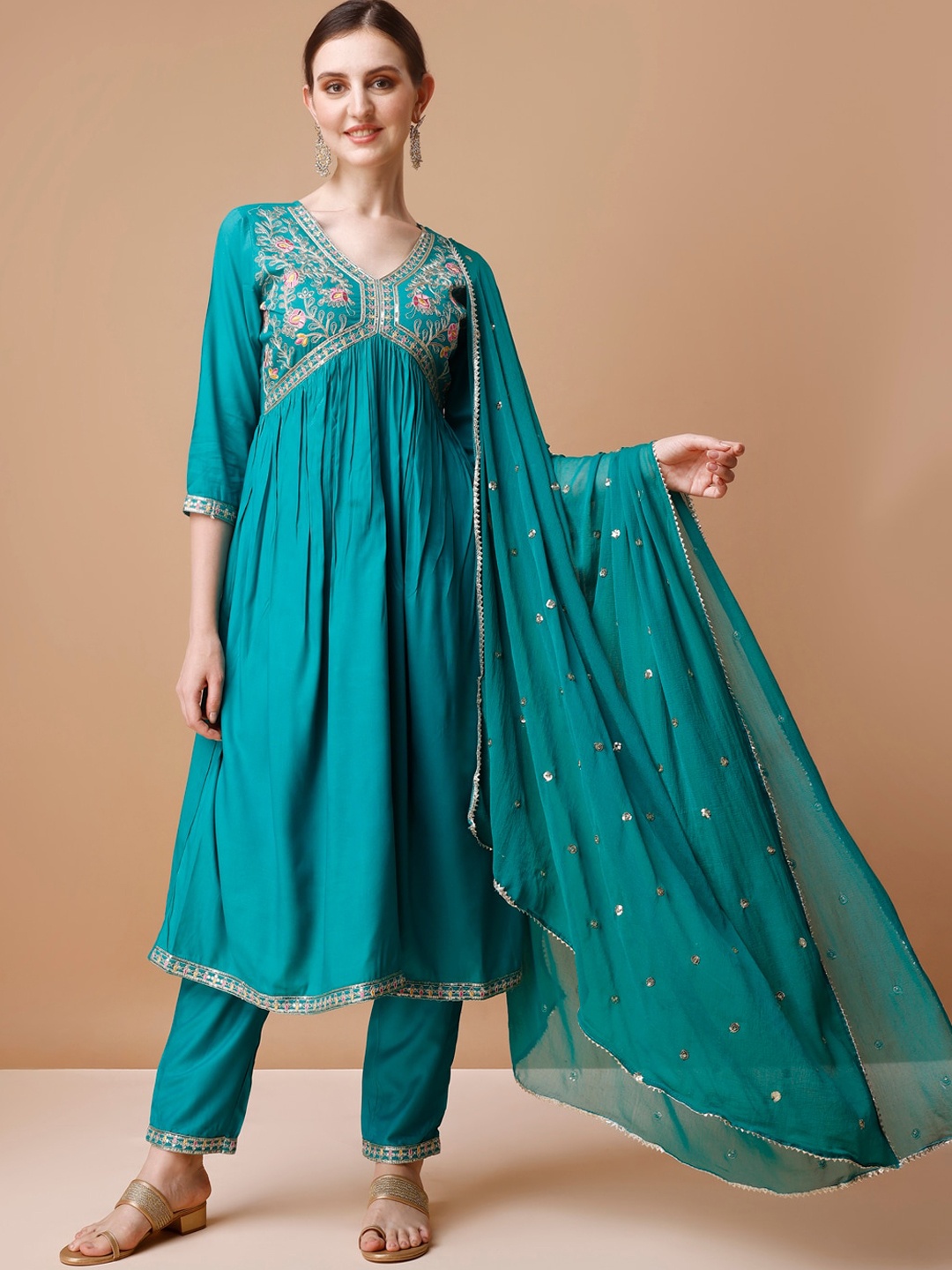 

KALINI Ethnic Motifs Embroidered Sequinned Empire A-Line Kurta With Trousers & Dupatta, Teal