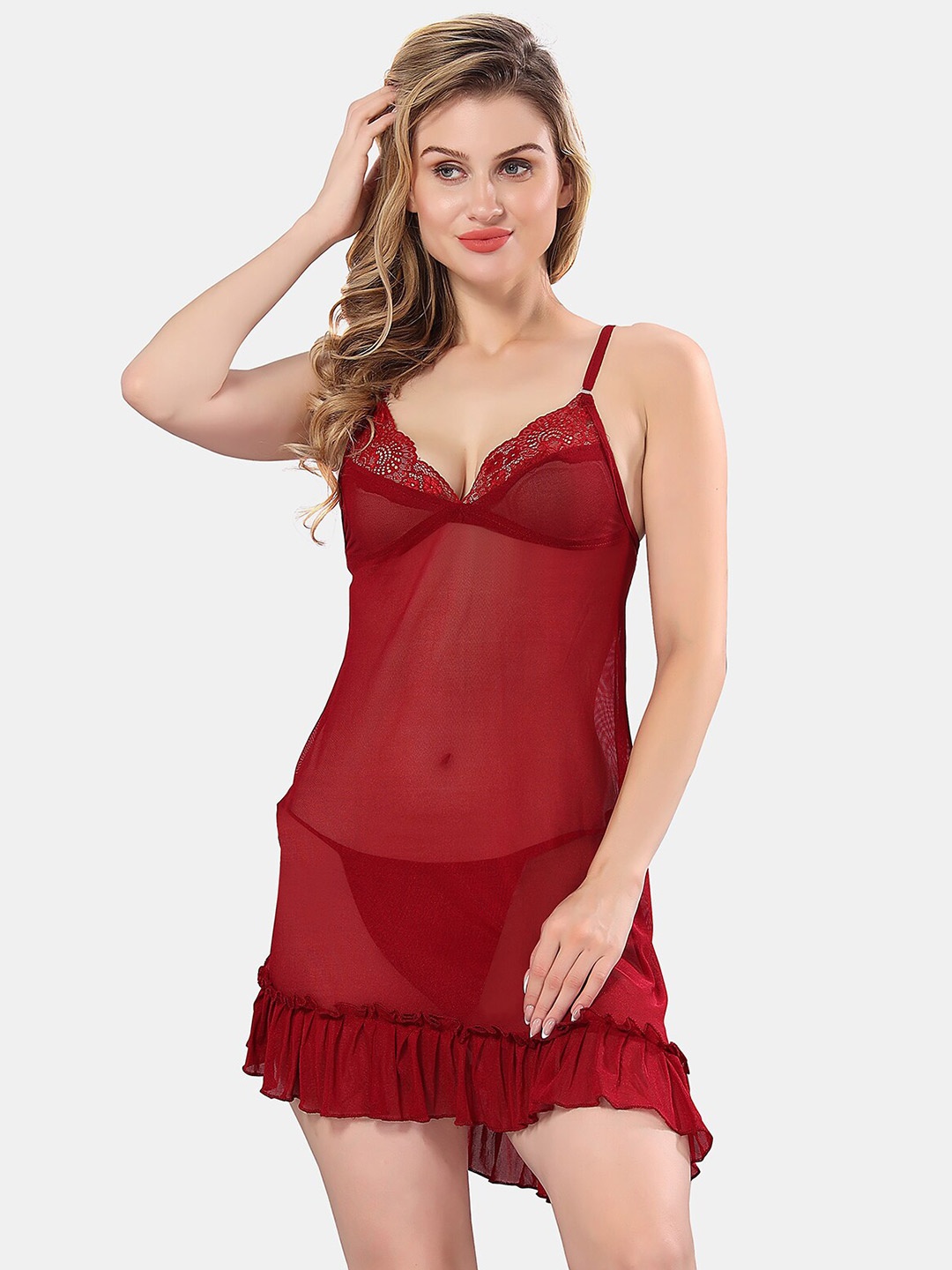 

Be You Self Design Net Halter Neck Baby Doll, Maroon