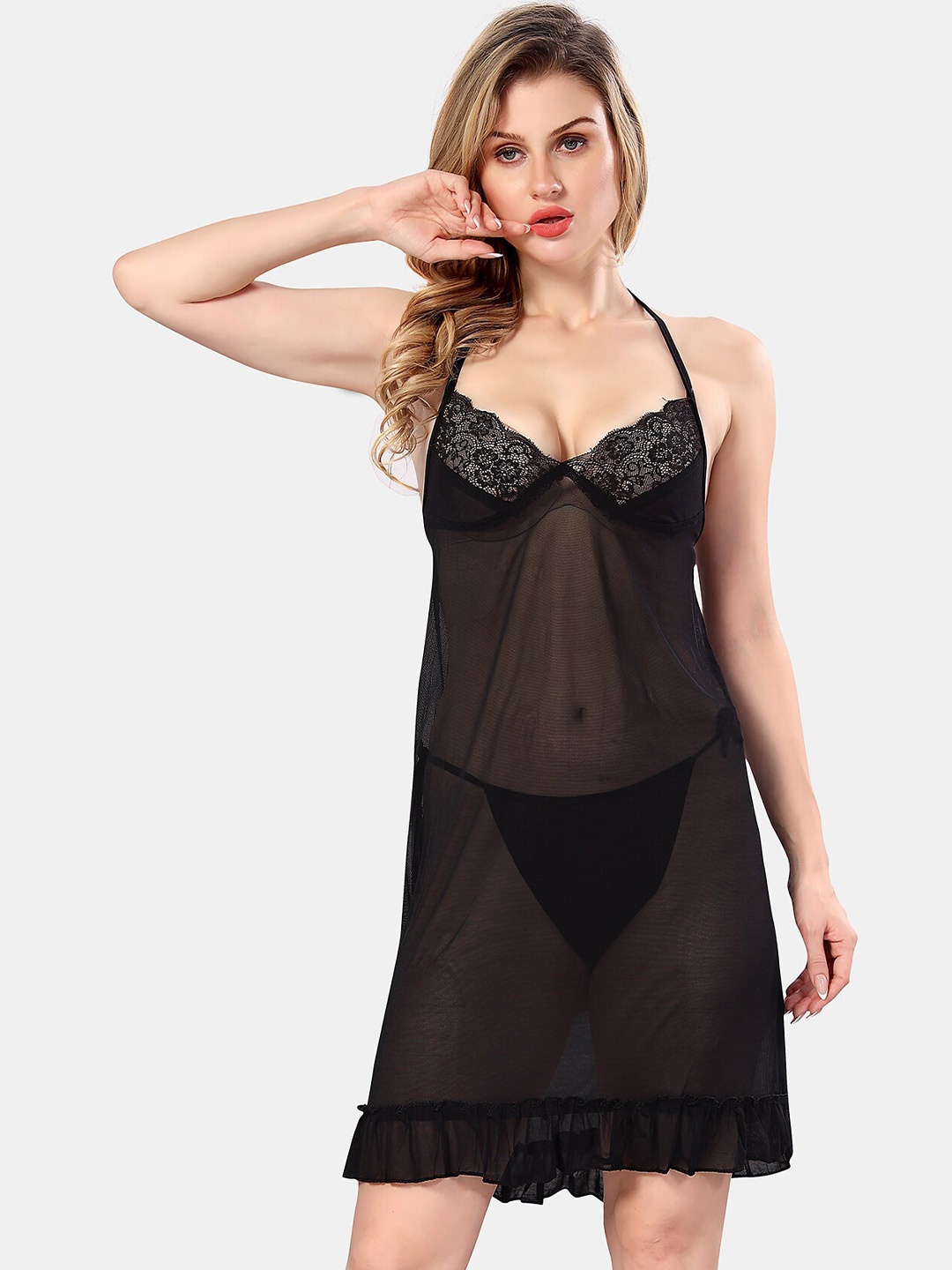 

Be You Halter Neck Net Baby Doll With Briefs, Black