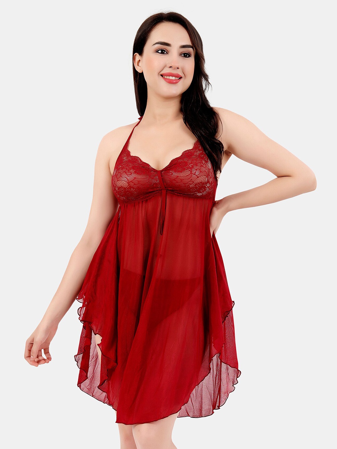 

Be You Halter Neck Net Baby Doll, Maroon