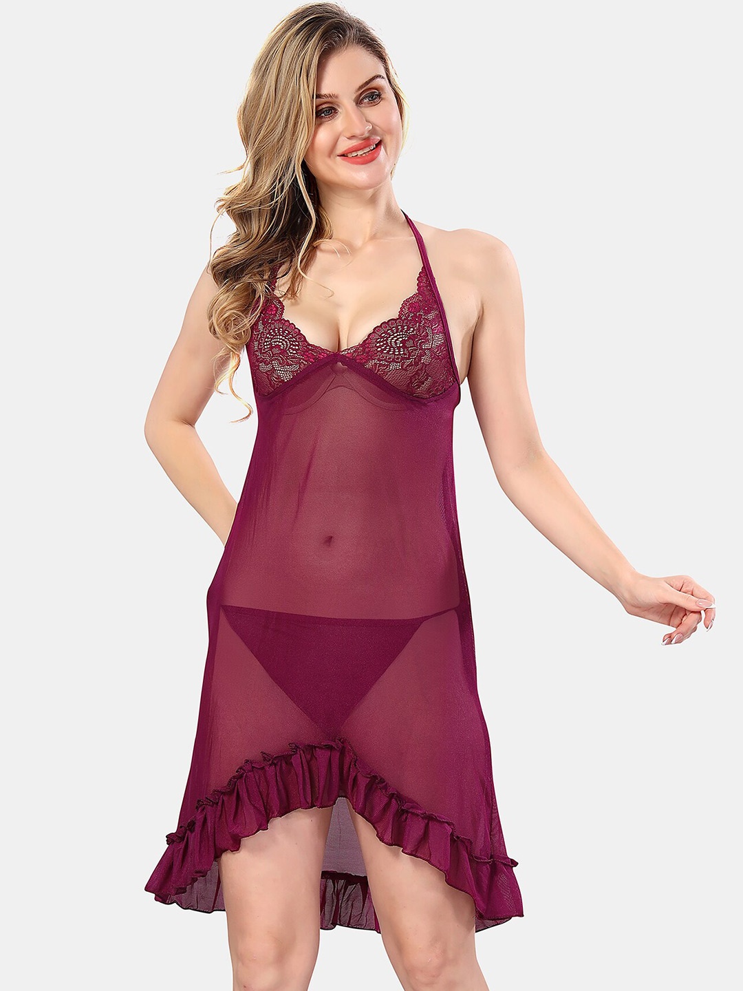

Be You Halter Neck Net Baby Doll, Maroon
