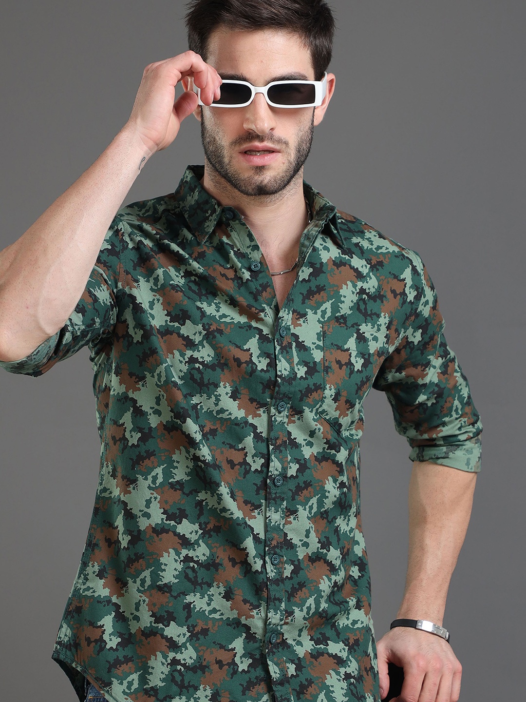 

Moda Rapido Green Slim Fit Camouflage Printed Cotton Casual Shirt