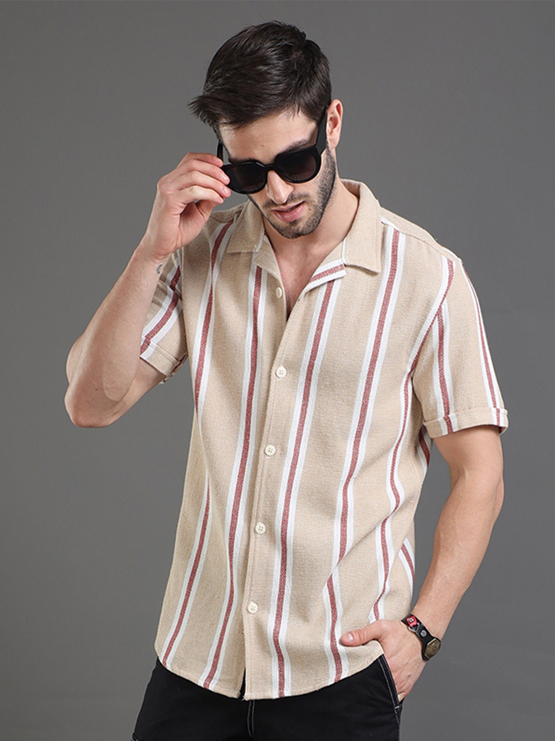 

Moda Rapido Beige Slim Fit Striped Short Sleeves Cotton Casual Shirt