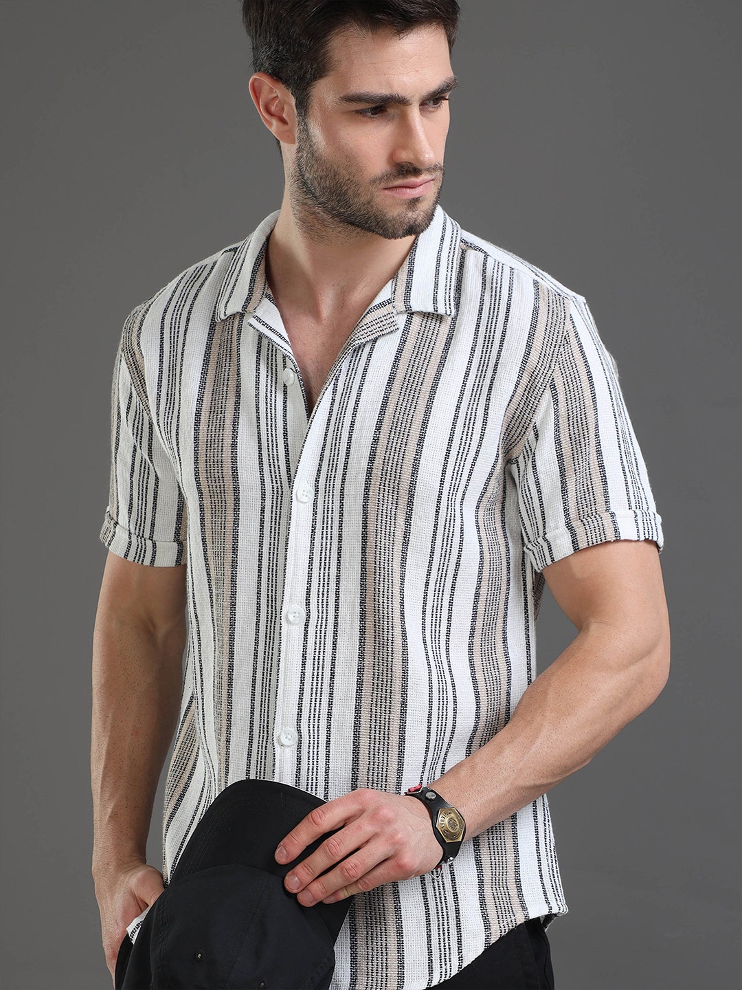 

Moda Rapido White Slim Fit Striped Short Sleeves Cotton Casual Shirt