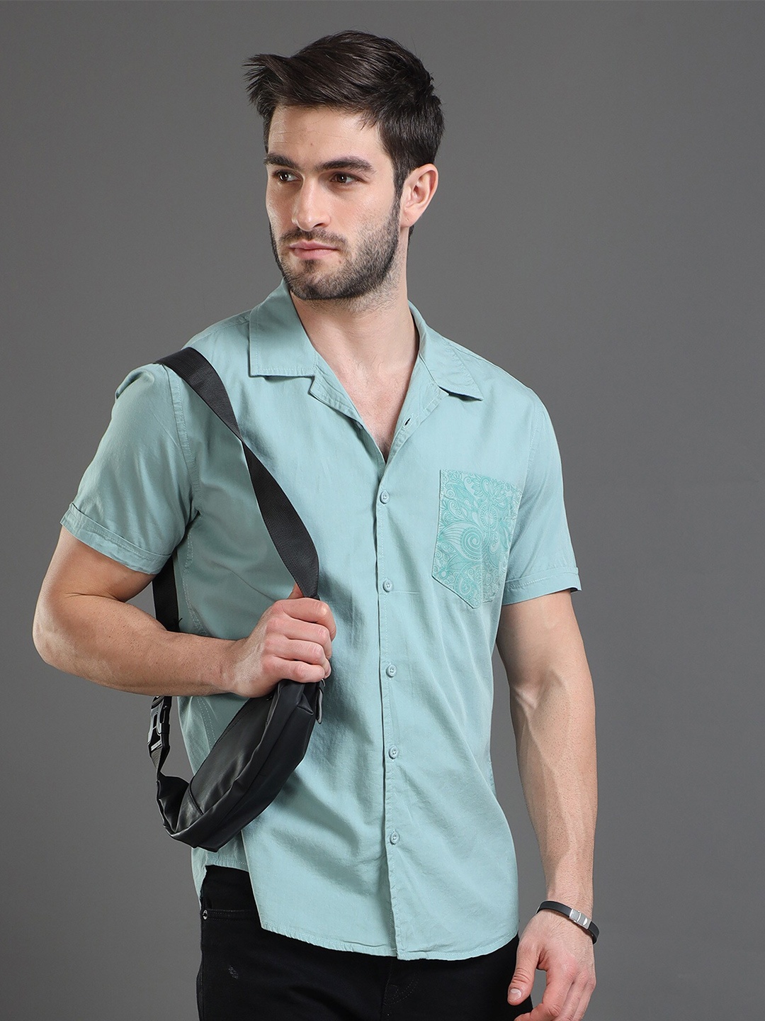 

Moda Rapido Sea Green Slim Fit Cuban Collar Cotton Casual Shirt