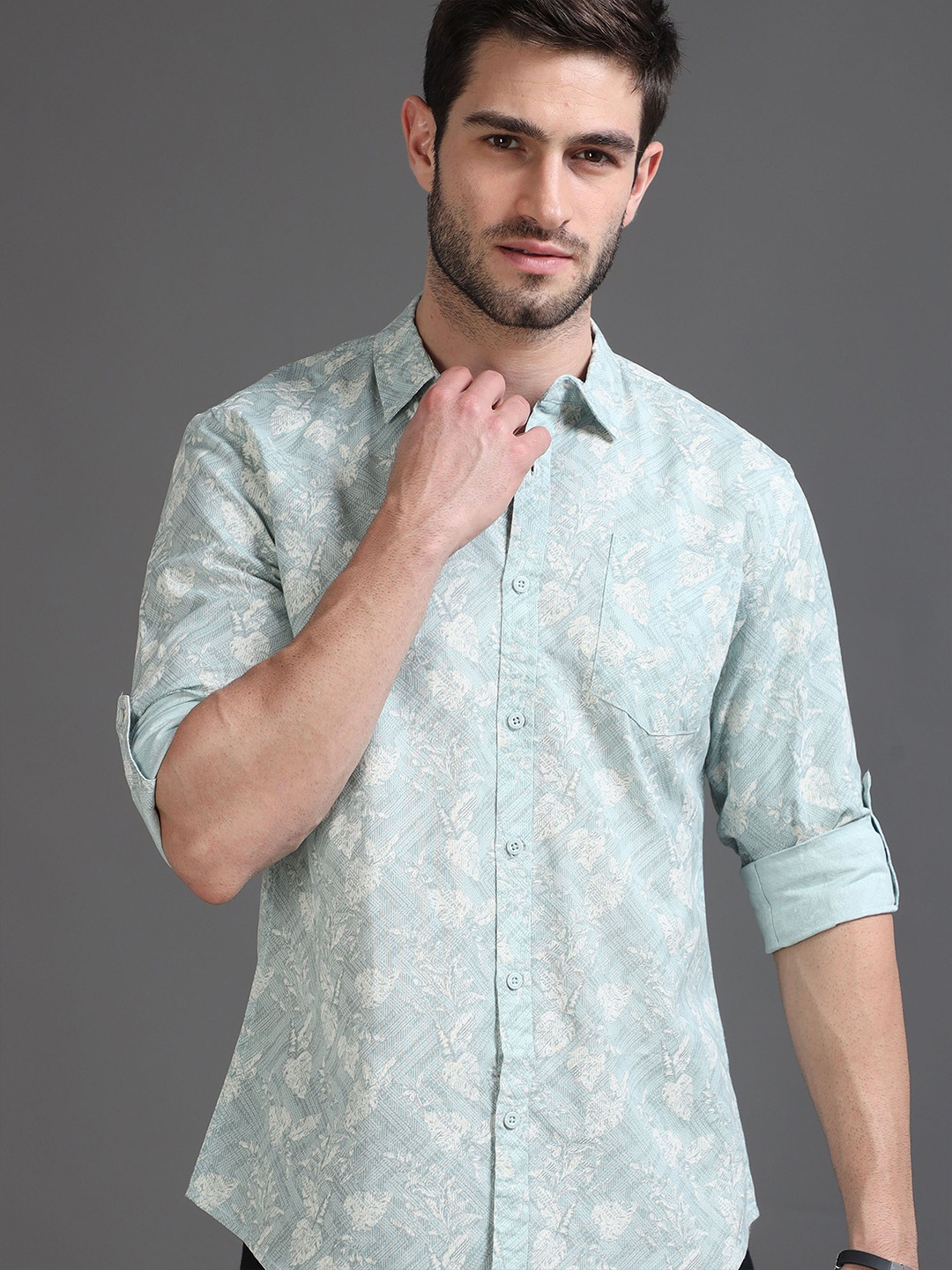 

Moda Rapido Sea Green Slim Fit Floral Printed Cotton Casual Shirt, White