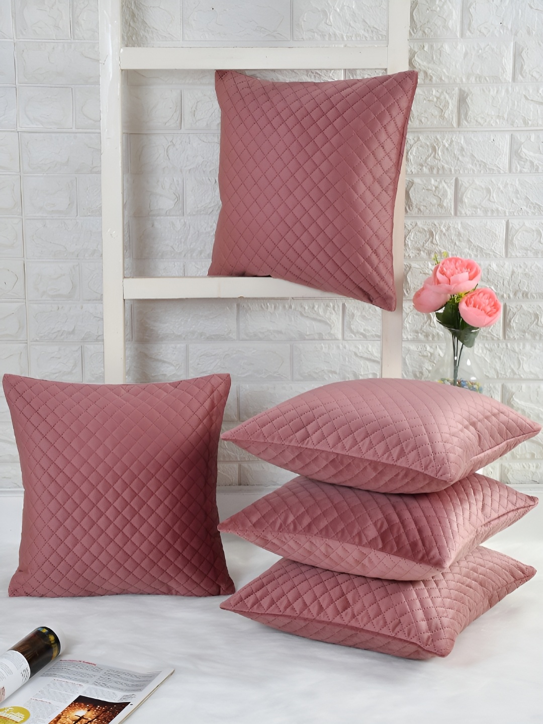 

HOMADORN Pink 2 Pieces Checked Velvet Square Cushion Covers